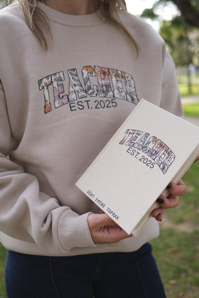 Öğretmenin Mektupları - Floral Teacher Kişiselleştirilebilir Kanvas Defter | 14x20 cm